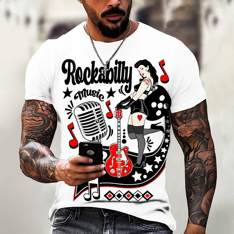 Men's Rockabilly Vintage Rocker Print Casual T-Shirt Hawaiian Short Sleeve at Hiphopee