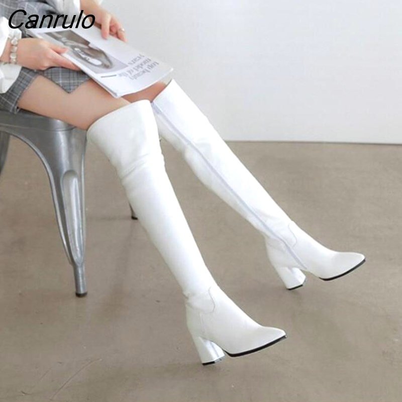Canrulo Sexy White high long boots High over the knee boots Fahion women side zipper soft leather autumn winter Knight boots Large