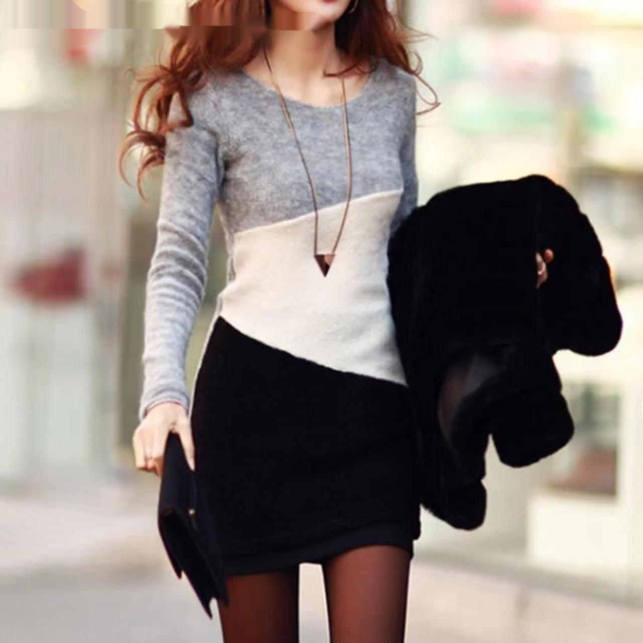 Mature Women Casual Contrast Color Slim Fit Slimming Dress