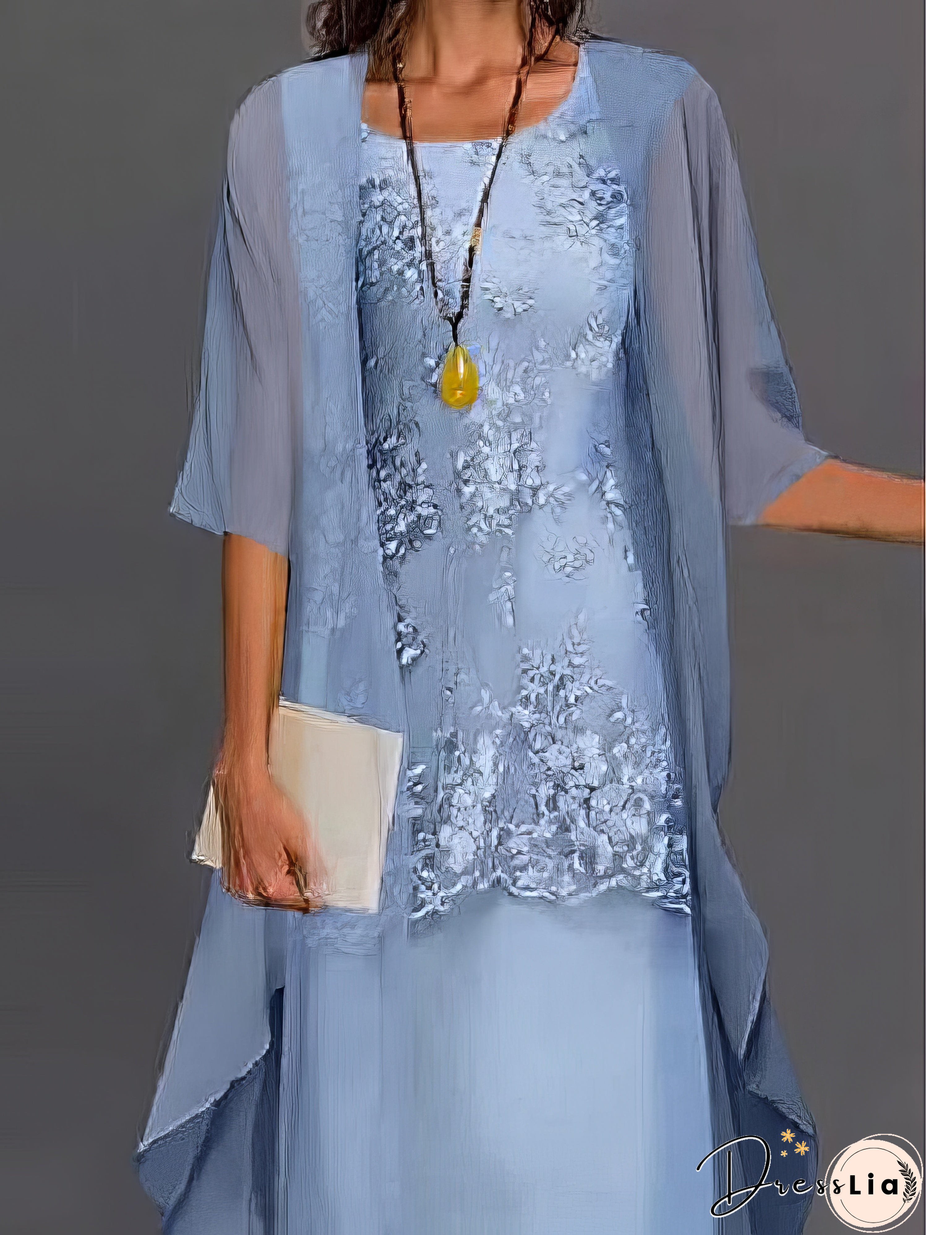 Lace Floral Embroidered Layered Patchwork Crew Neck Elegant Midi Dress