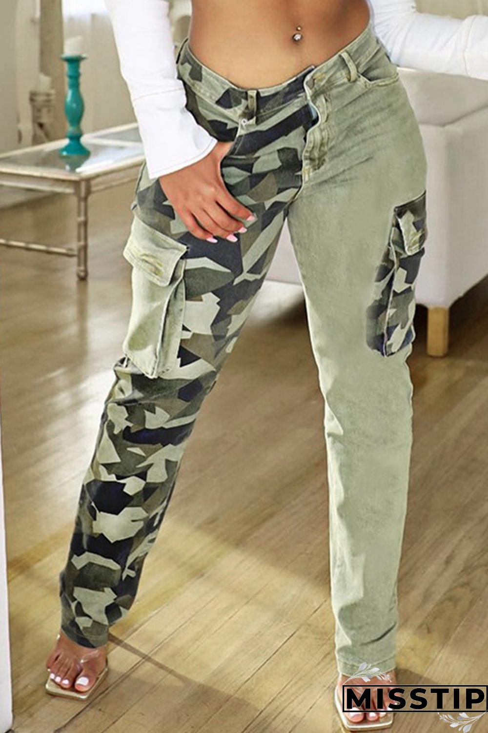 Camouflage Fashion Camouflage Print Patchwork Regular Denim Jeans