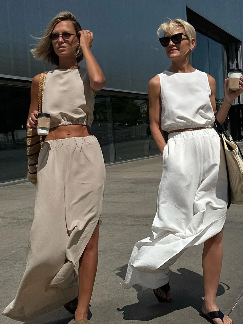Churchf Churchf And Linen Suit Summer 2024 Short Style Sleeveless Elastic Waist Top Trousers Slit Two-Piece Suit