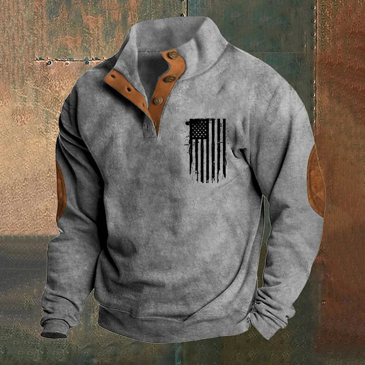 Men's Vintage Flag Print Stand Collar Button Sweatshirt