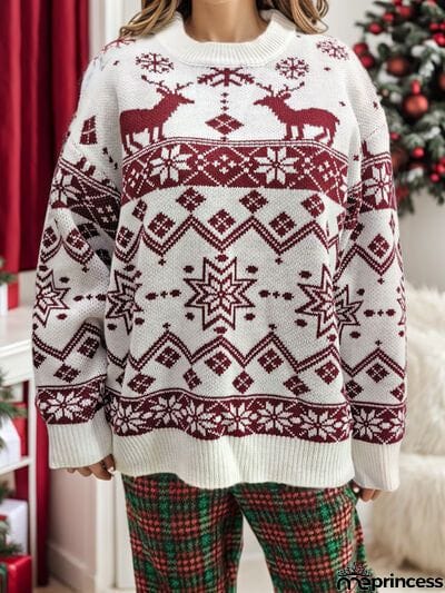 Snowflake Contrast Round Neck Long Sleeve Sweater