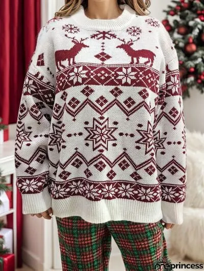 Snowflake Contrast Round Neck Long Sleeve Sweater