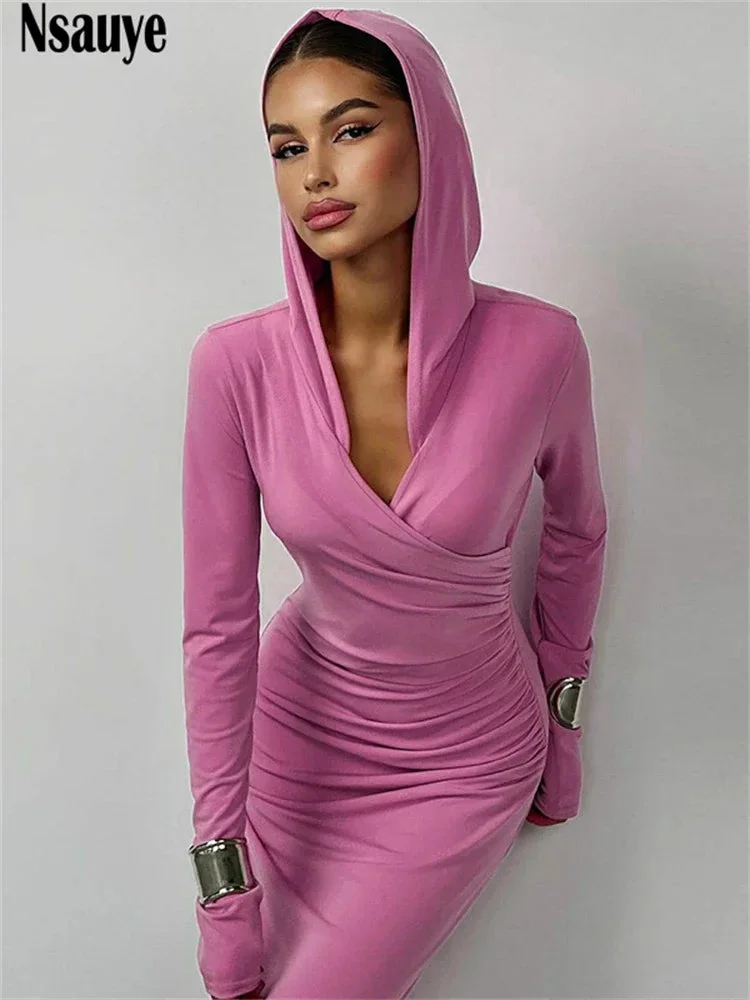 Oocharger Ladies Elegant Long Sleeve Hooded Long Dresses 2024 Winter Casual Women Slim Holiday Party Sexy Bodycon Dress Vestidos