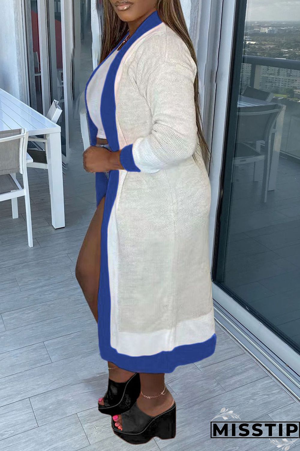 Blue Casual Patchwork Outerwear