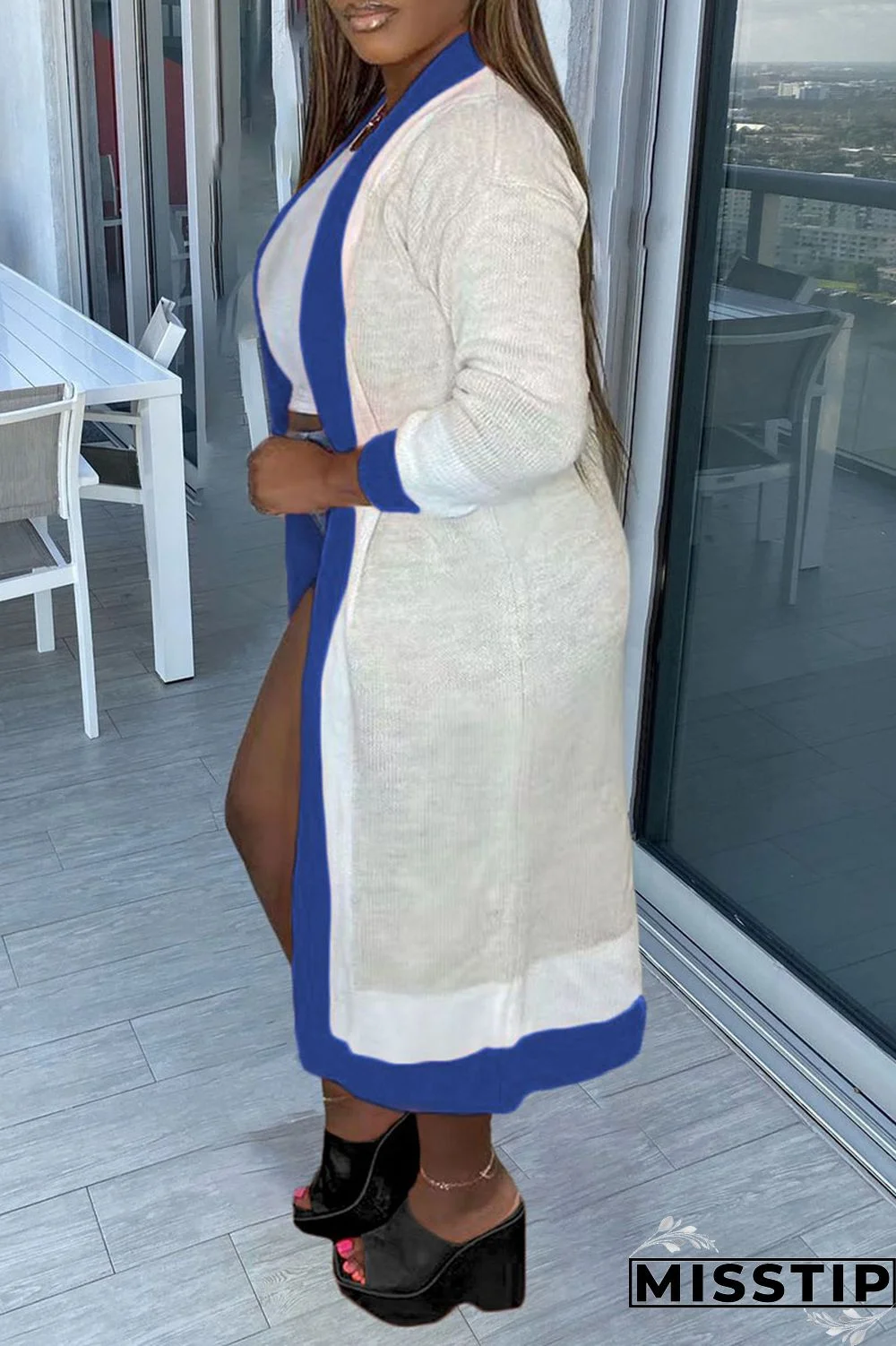 Blue Casual Patchwork Outerwear