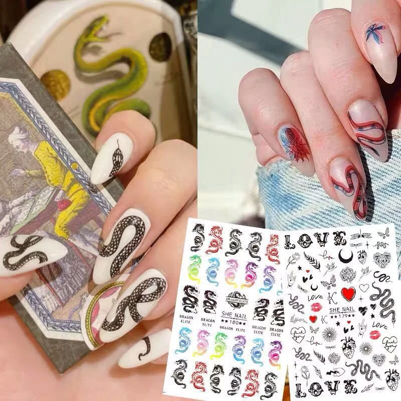 3D Nail Stickers Snake Dragons Design Adhesive Water Transfer Stickers DIY Nail Art Decoration Manicure Salon Acrylic Tips Tool-Nail Inspo