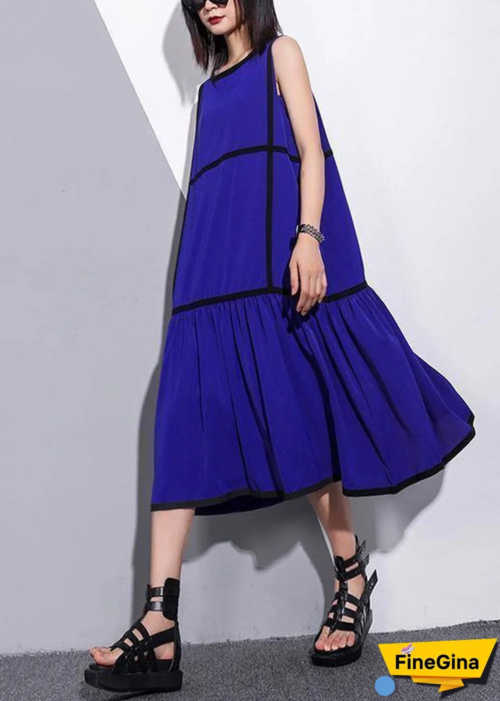 Unique sleeveless patchwork chiffon clothes For Women fine Life blue Dress Summer