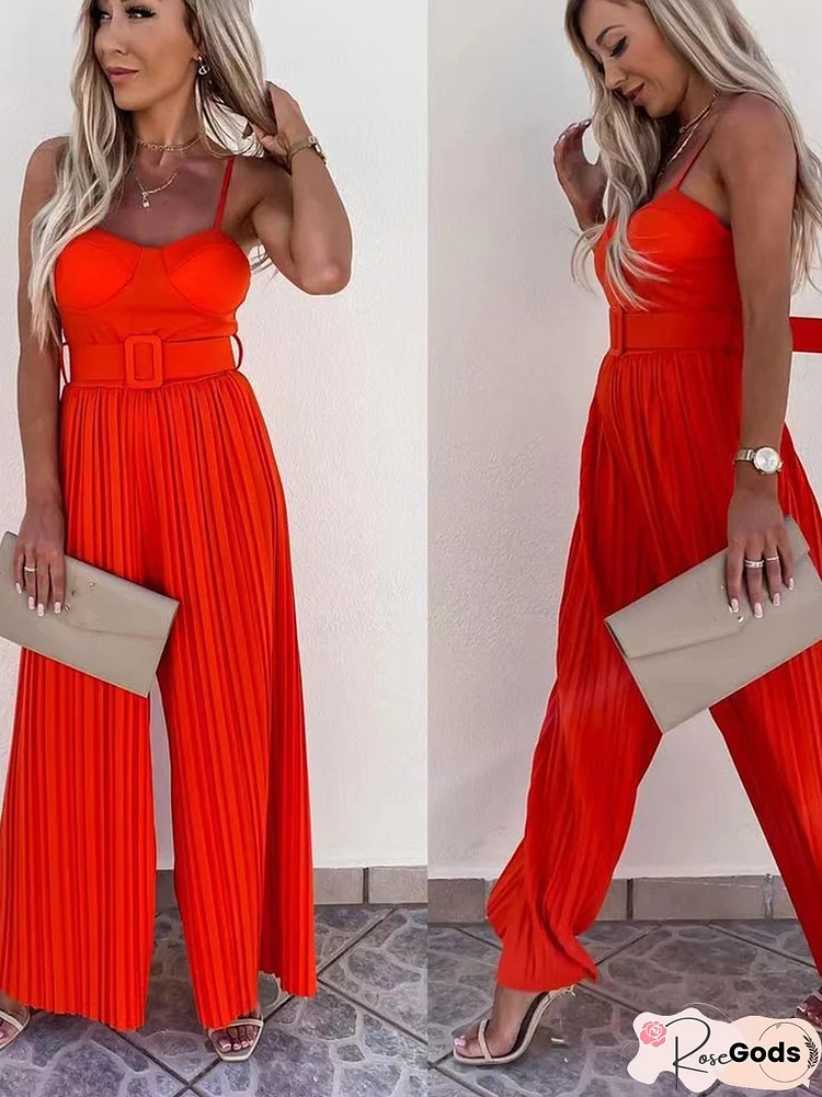 Summer Spaghetti Straps Rompers Women Fashion Wide Leg Pants Ladies Elegant Sleeveless Solid Long Casual Jumpsuit With Belt