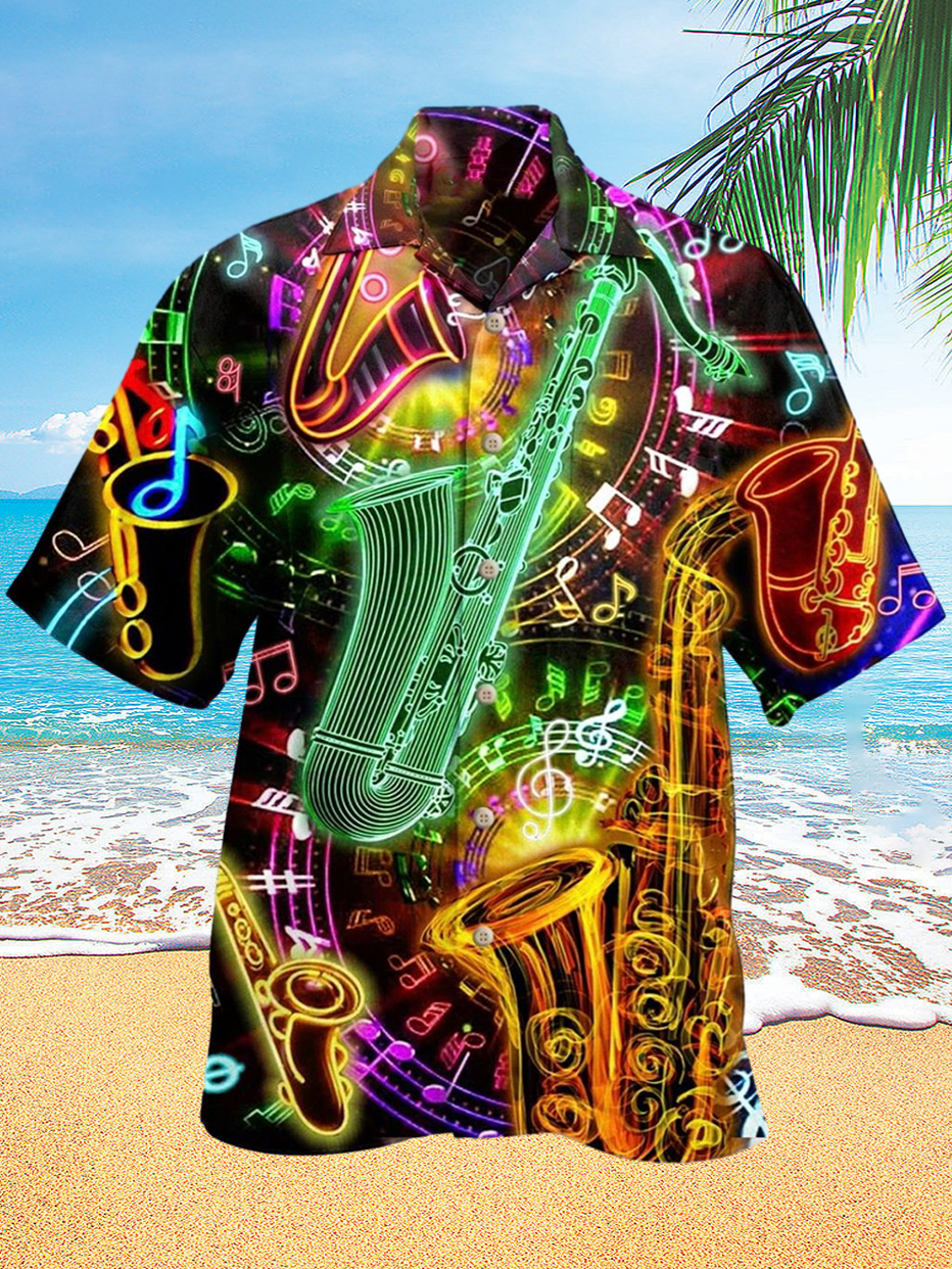 Mens Neon Instrumental Music Party Print Hawaiian Short Sleeve Cuban Collar Shirt PLUSCLOTHESMAN
