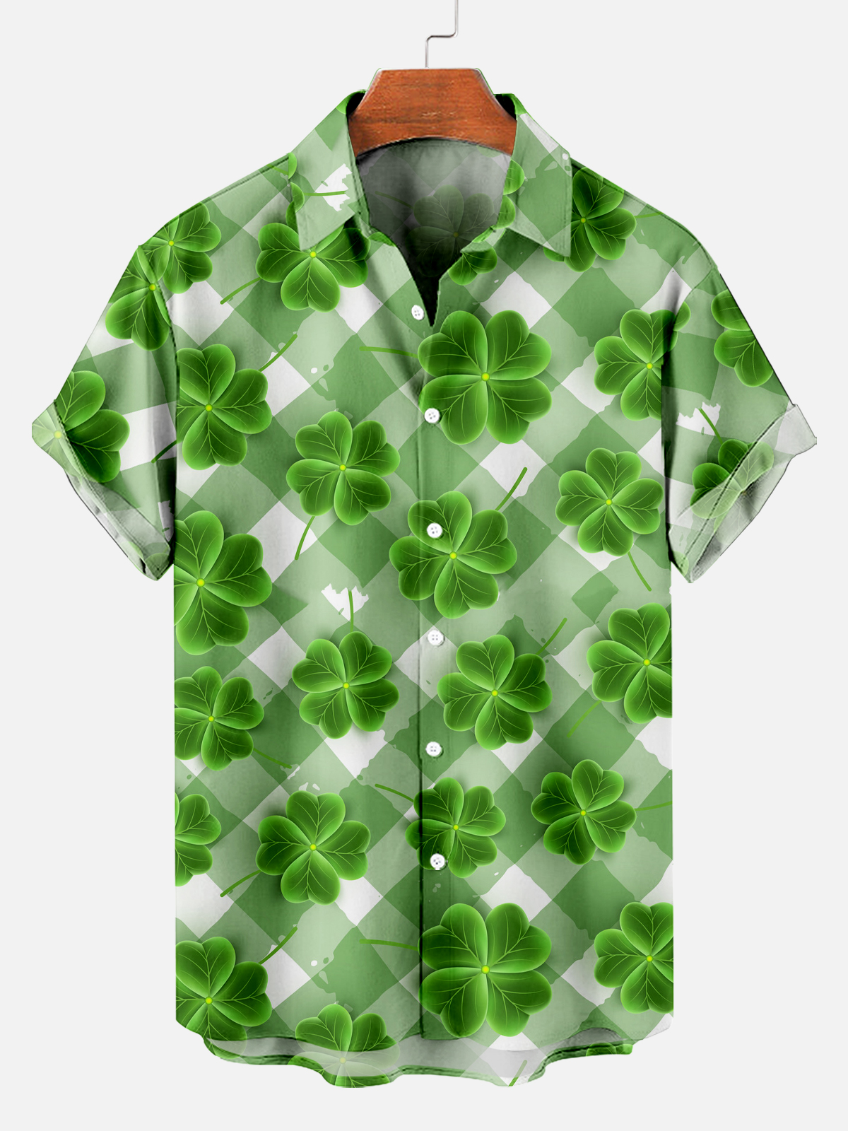 St. Patrick's Day Plaid Four Leaf Clover Short Sleeve Shirt PLUSCLOTHESMAN
