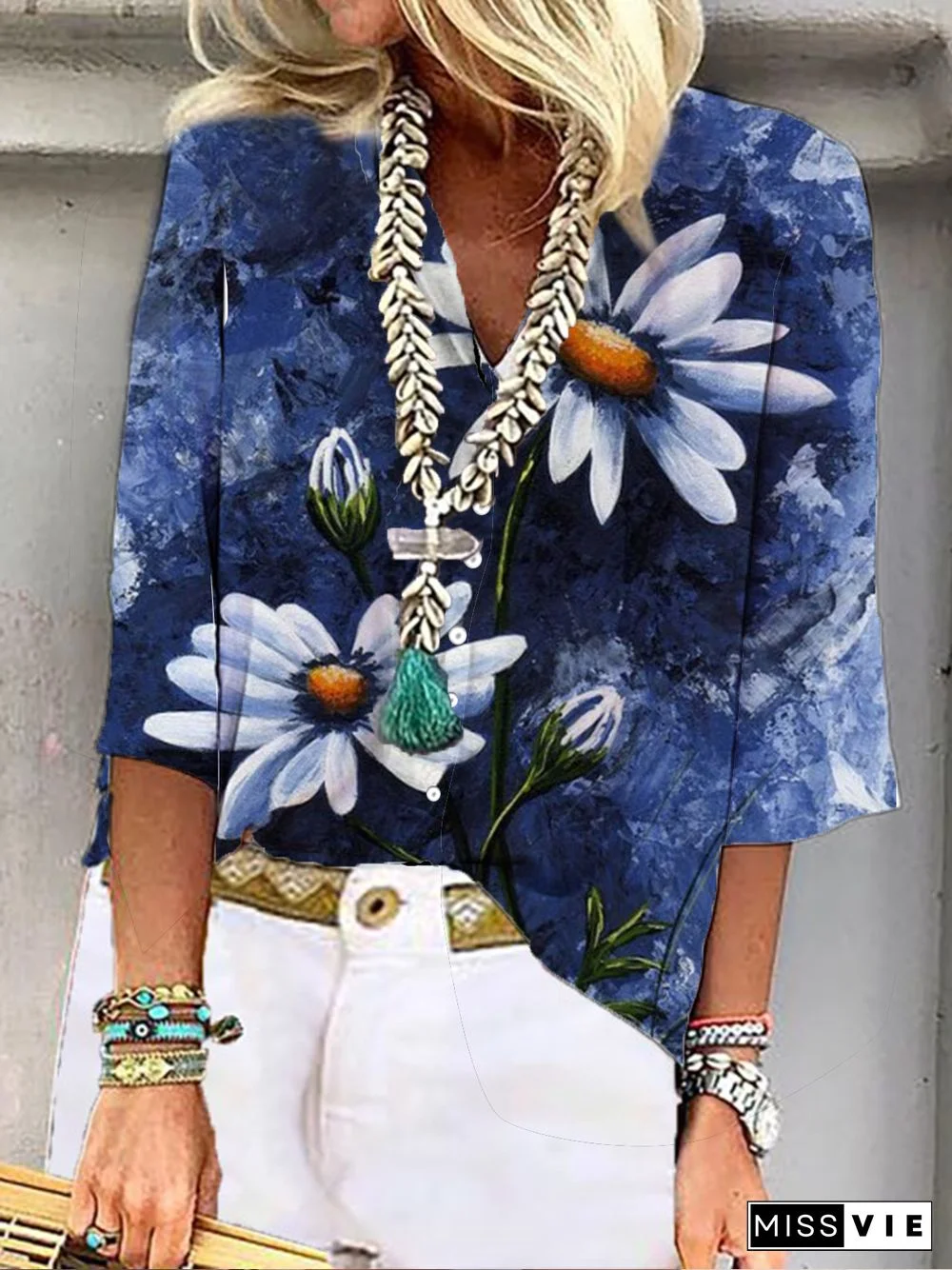 Boho Floral-Print 3/4 Sleeve Blouse