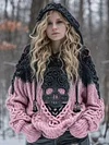 Women's Retro Drop Shoulder Skeleton Pattern Loose Hooded Sweater