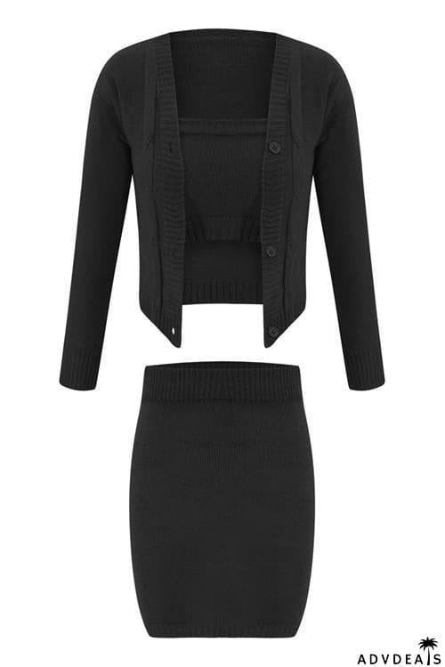 Button Cardigan Skirts Set