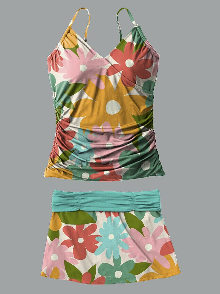 Colorful Flowers V-Neck Vintage Flowers Print Suspender Skirt Tankini Pantskirt Set Swimsuit
