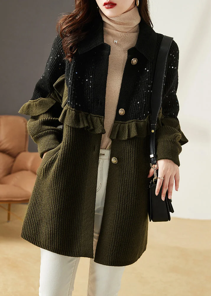 Loose Army Green Ruffled Sequins Patchwork Knit Coats Fall