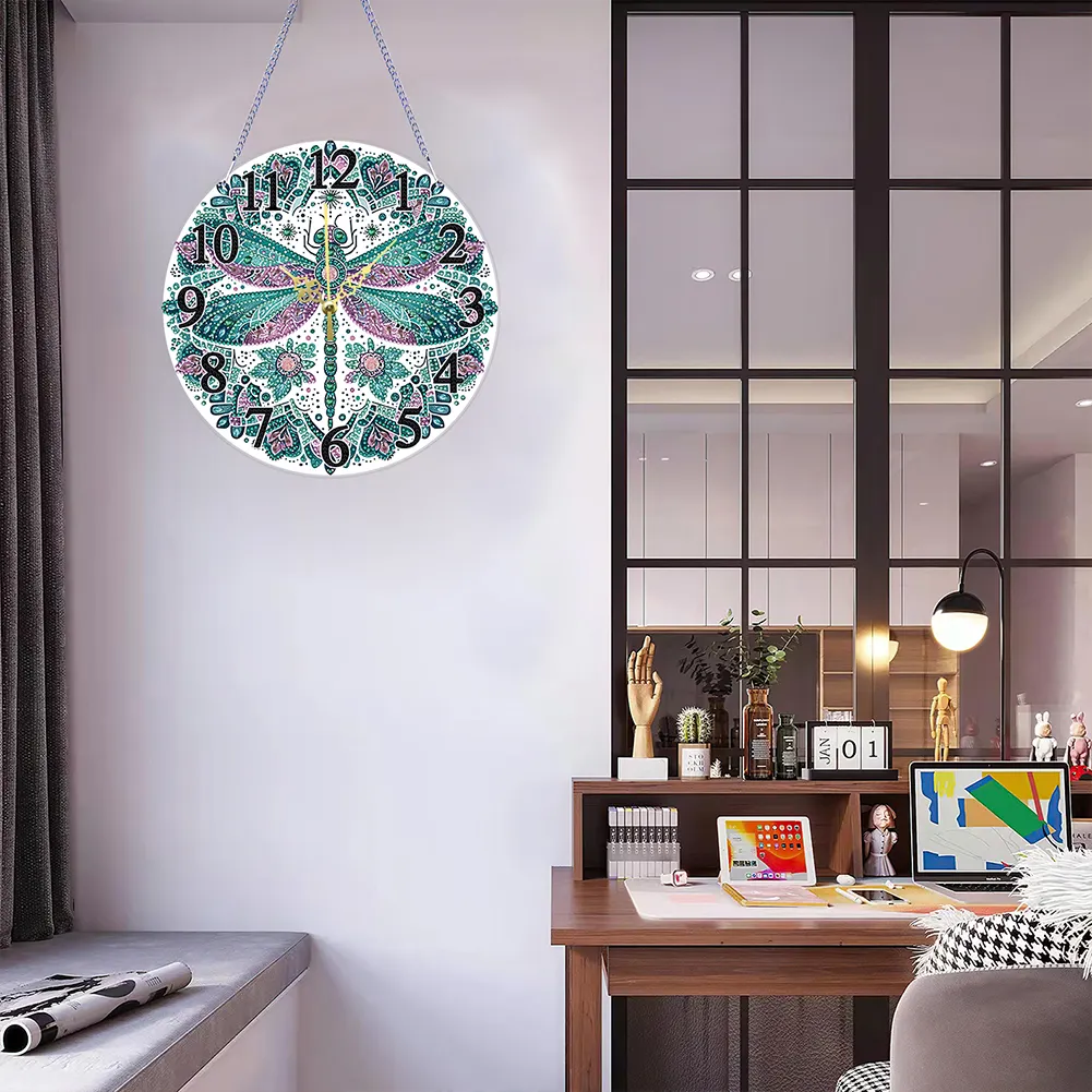 DIY Mandala Dragonfly Acrylic Special Shaped 5D Diamond Painting Hanging Clock Art Craft
