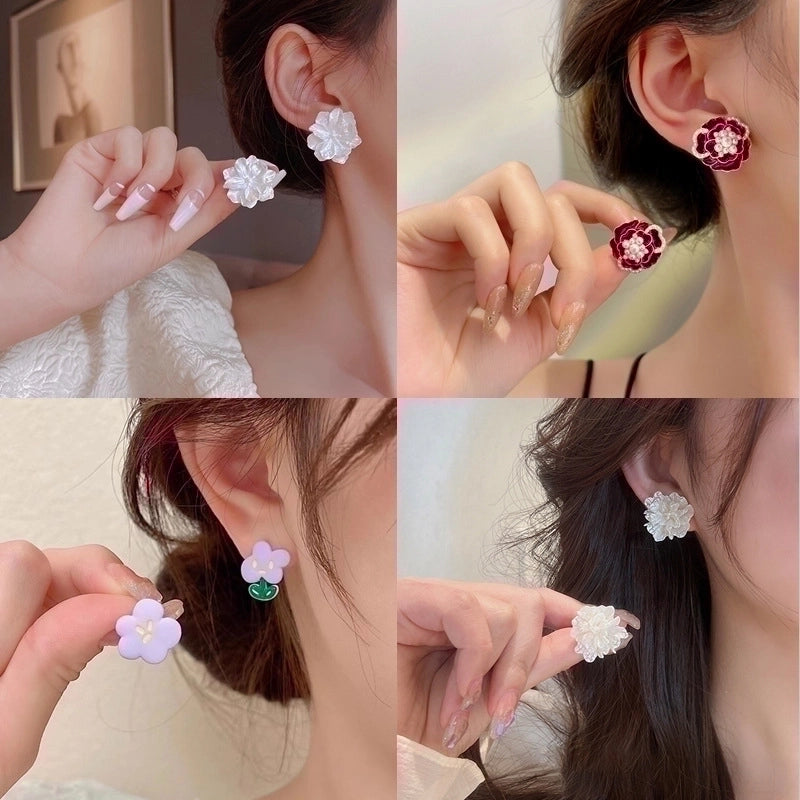 3 Pieces Sweet Heart Shape Rose Flower Inlay Imitation Pearl Alloy Rhinestones Earrings