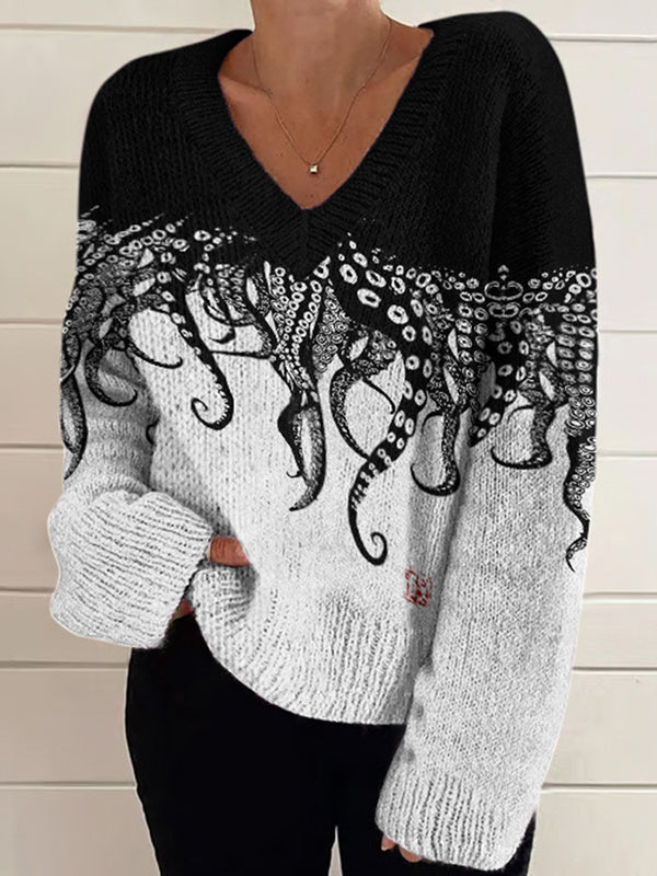 Women Long Sleeve V-neck Graphic Floral Printed Top