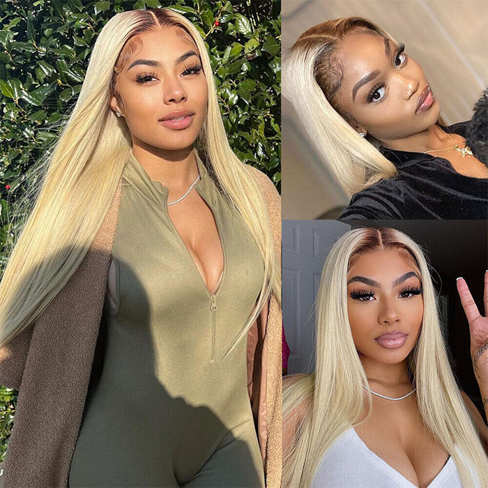 Straight & Body Wave 613 Blonde Wig 13x4 Lace Front with Brown Roots Ombre 4/613 Color Human Hair Wigs