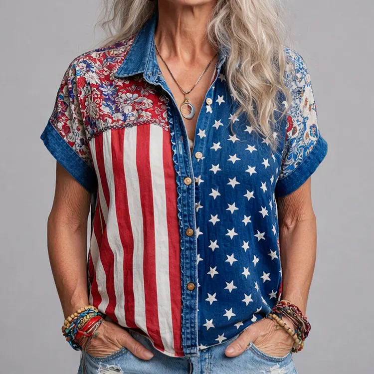 U.S. 250th Anniversary Flowers Boho Art Print Casual Shirt