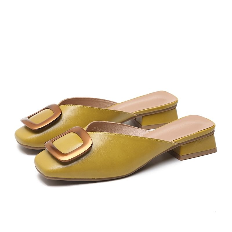 Ladies Mules Elegant Low Heel Buckle Women Slippers Slip-on Comfortable PU Ladies Office Shoes Summer Women Slippers
