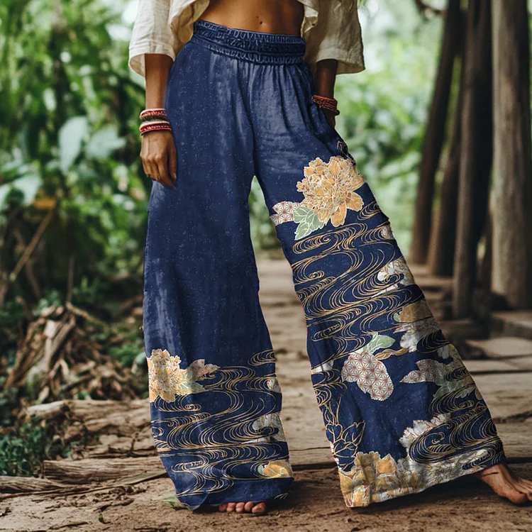 Vintage Japanese Art Print Loose Wide Leg Pants