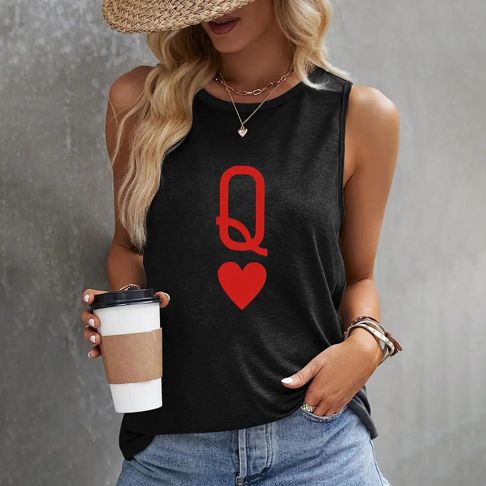 Teepublicz Women's Fashion Q of Hearts Pattern Printed Sleeveless Vest Simple White Sleeveless Tops Summer Breathable Women's Clothing