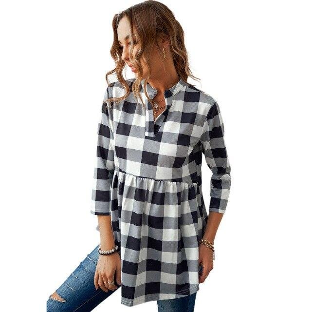 New Spring Autumn Women Long Sleeve V Neck T-Shirt Tops Collar Classic Casual Loose Plaid Print Shirt  Long Shirts - Shop Trendy Women's Fashion | TeeYours