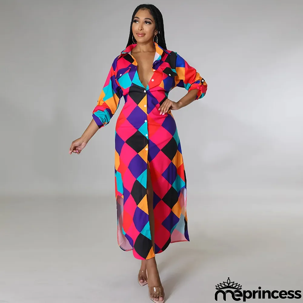 Women Spring Summer Autumn Fashion Sexy Long Shirt Print Casual Long Dress