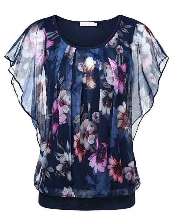 Women Blouse Plus Size Tops Flower Printing O Neck Flare Short Sleeve Casual Top Double Layer Tops Ladies Blouse camisas 2021