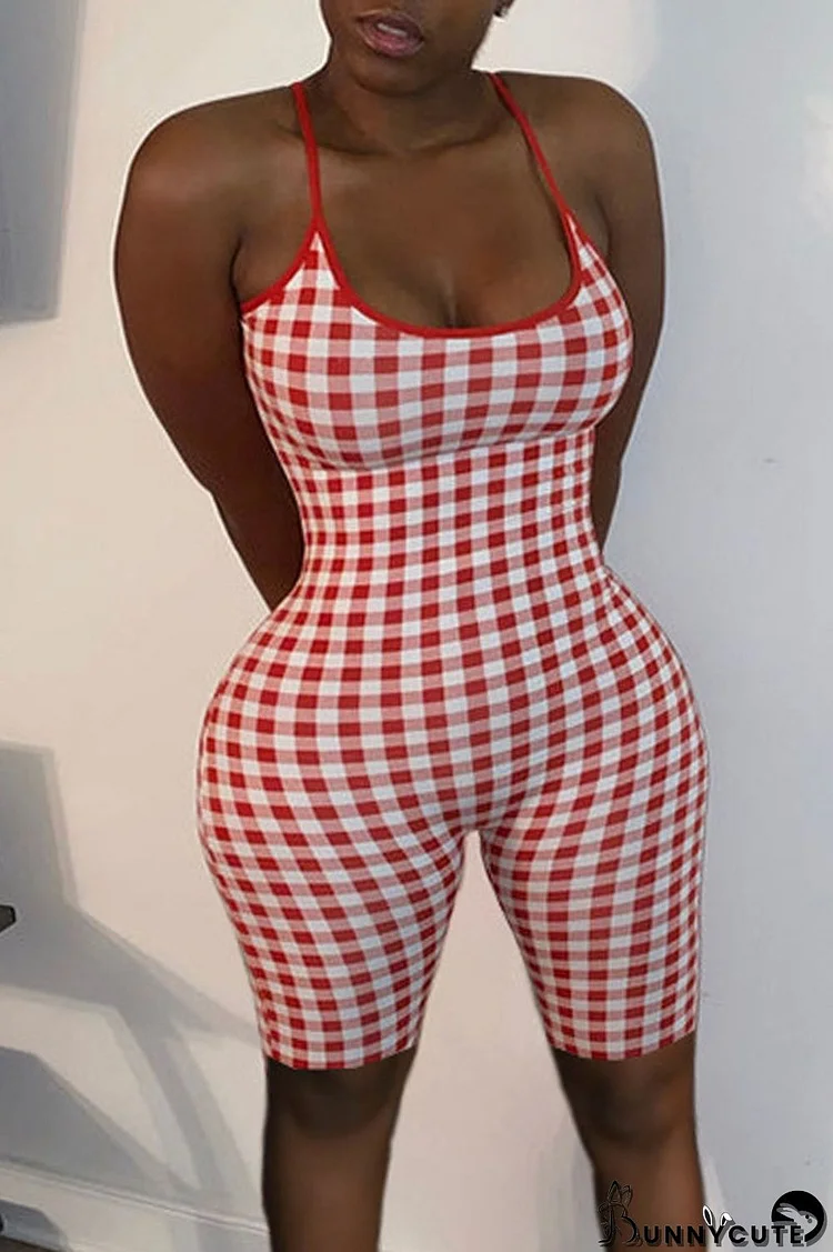 Red Sexy Plaid Print Split Joint Spaghetti Strap Regular Jumpsuits