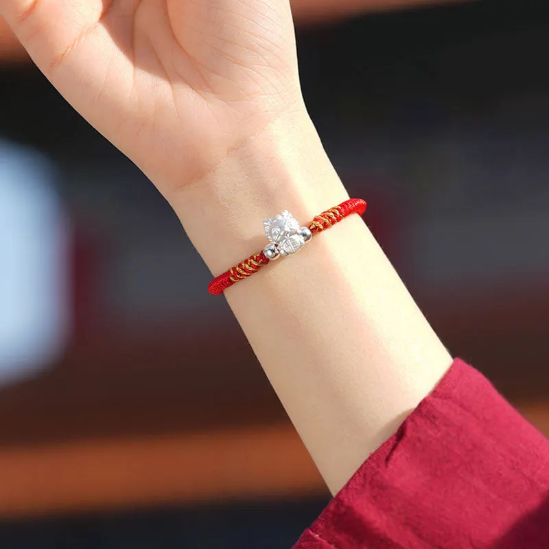 999 Sterling Silver Year of the Dragon Fu Character Attract Fortune Luck Handcrafted Braided Bracelet