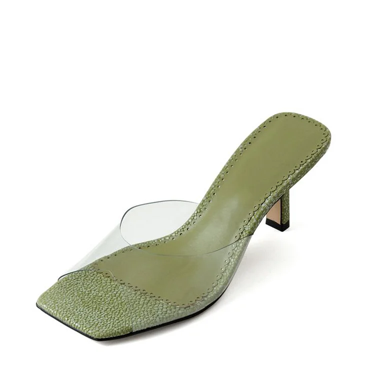 Classic Olive Kitten Heel Shoes Women'S Square Toe Sandal Summer Office transparent Mules |FSJ Shoes
