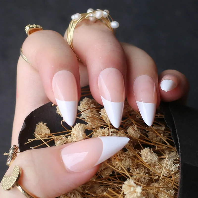 Long stiletto nails white tip nude french fasle nails sheer white pink almond fake nail 24pcs