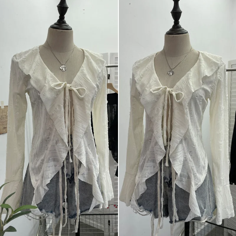 Uveng Dark Wind To Make Old Hole Horn Long Sleeve Open Shirt Tie With Lotus Leaf Side V Collar Sunscreen Shirt 9280