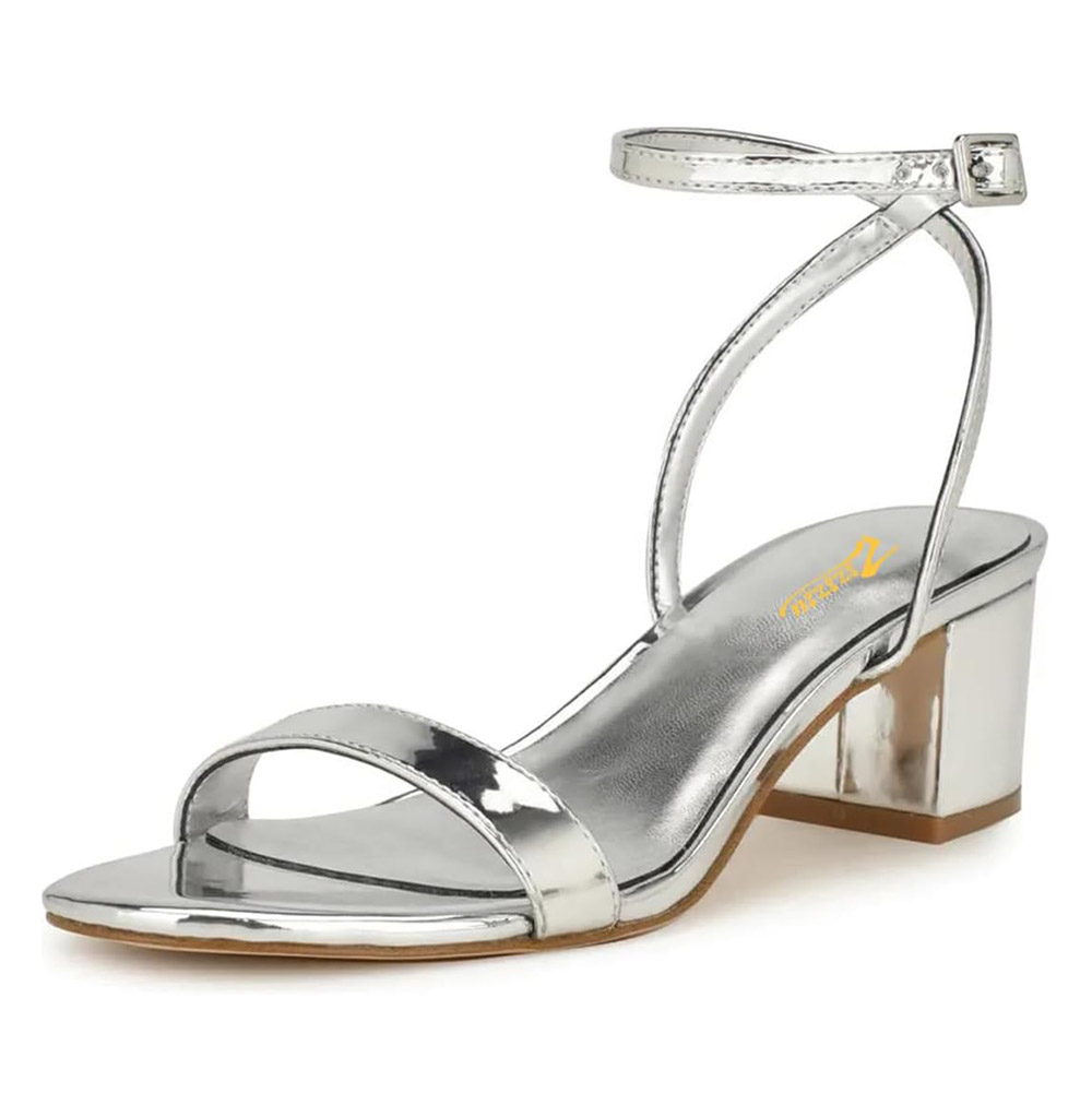 Round Toe Block Heel Ankle Strap Buckle Metallic Silver Women Sandals Nicepairs