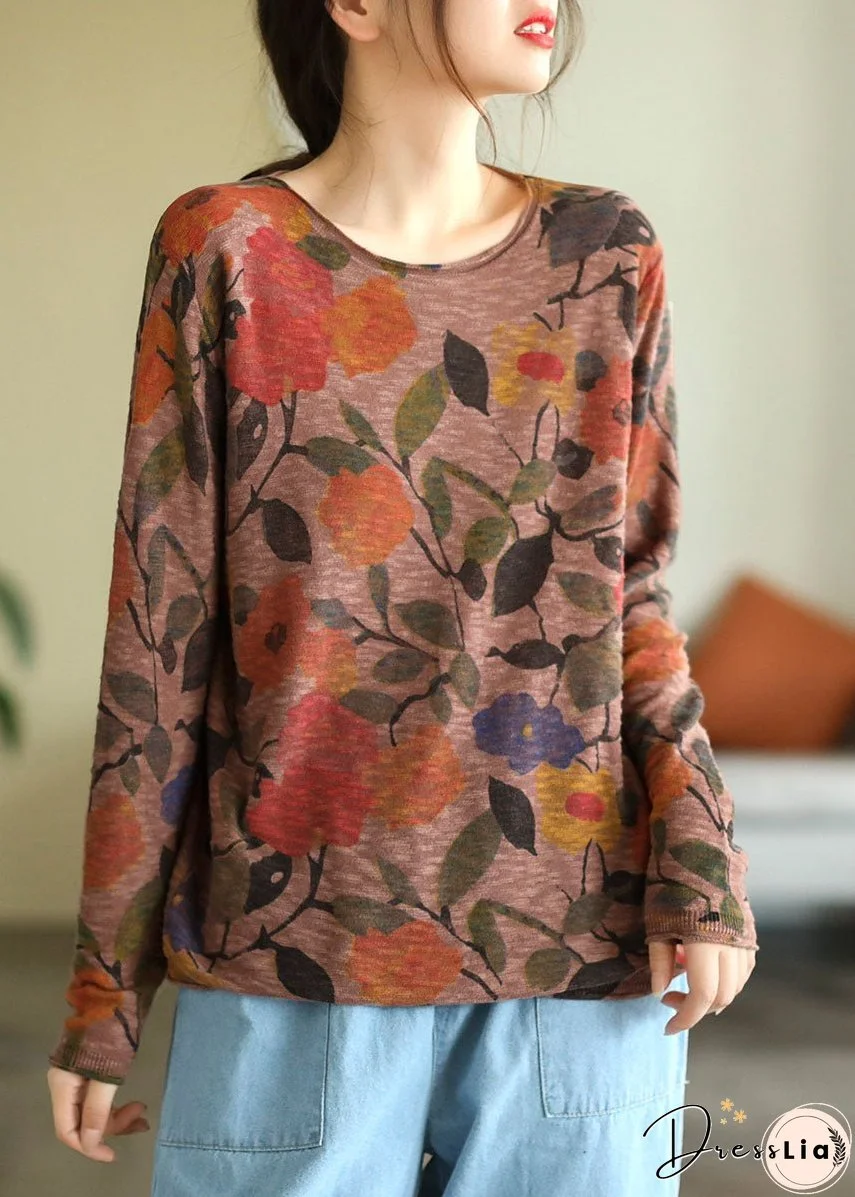 Women Beige O-Neck Print Knit Tops Fall