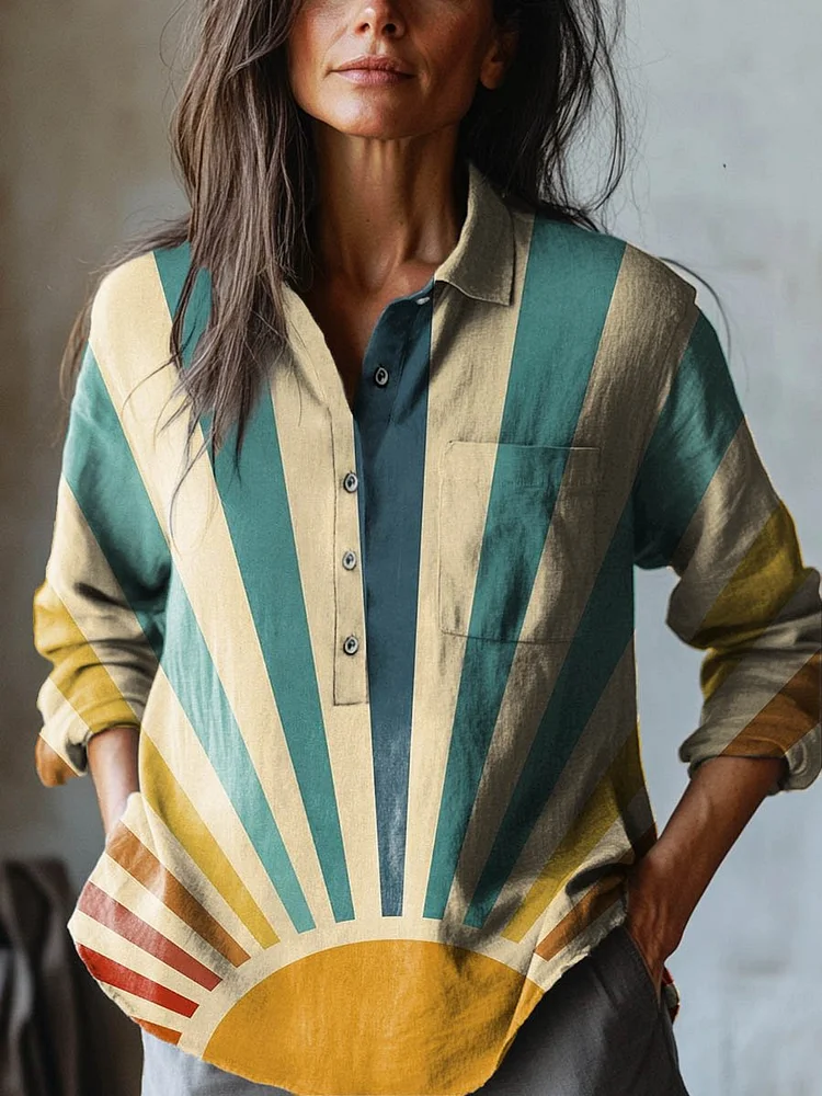 Womens Abstract Sun Pattern Art Print Casual Cotton And Linen Shirt