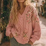 Vintage Boho Roses And Birds Art Chunky Knit V Neck Cozy Sweater - Image 2
