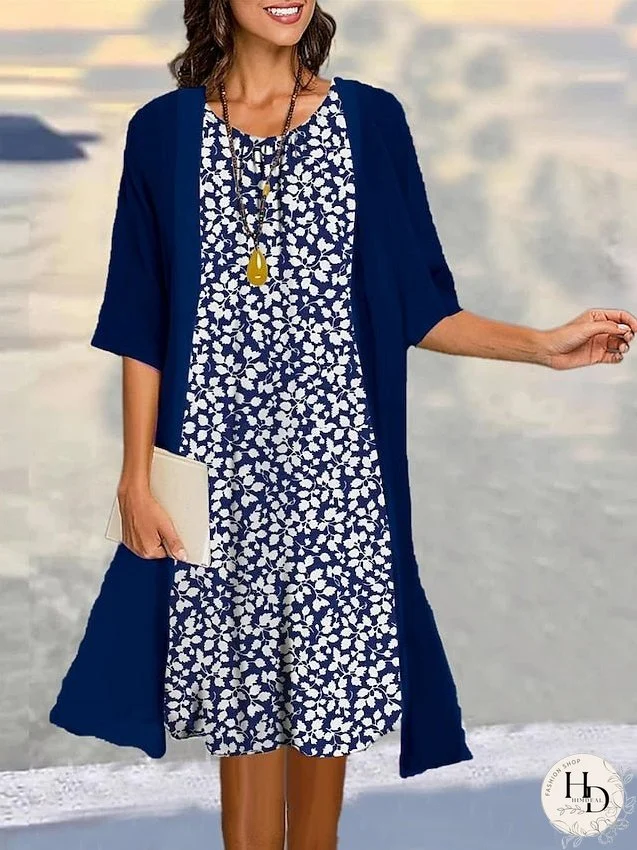 Women's Two Piece Dress Set Casual Dress Print Dress Outdoor Daily Fashion Elegant Print Midi Dress Crew Neck 3/4 Length Sleeve Floral Regular Fit Navy Blue Green Gray Summer Spring S M L XL XXL