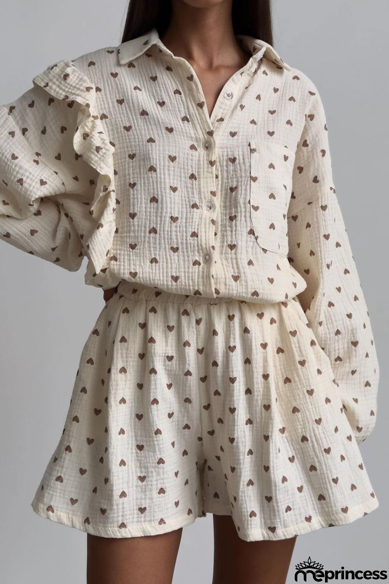 Heart Print Ruffle Long Sleeve Shirt Two Piece Shorts Set