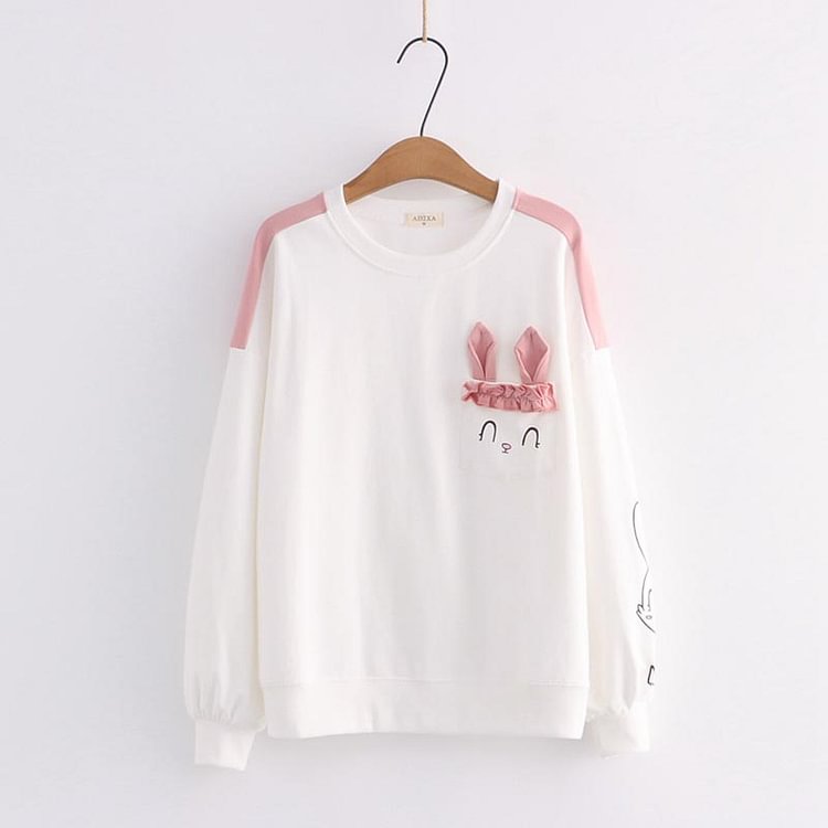 Rabbit Print Ruffle Pocket Sweatshirt - Modakawa Modakawa