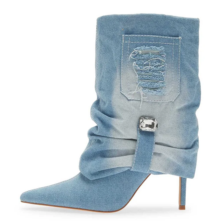 Blue Pointed Toe Mid-Calf Fold-Over Denim Boots with Stiletto Heels |FSJ Shoes