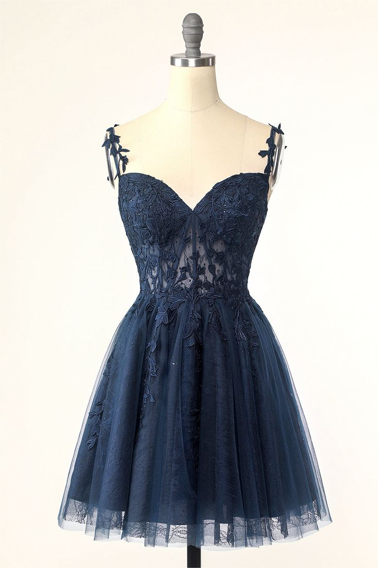 Oknass Dark Navy Spaghetti Strap Sleeveless Short Homecoming Dress With Embroidery
