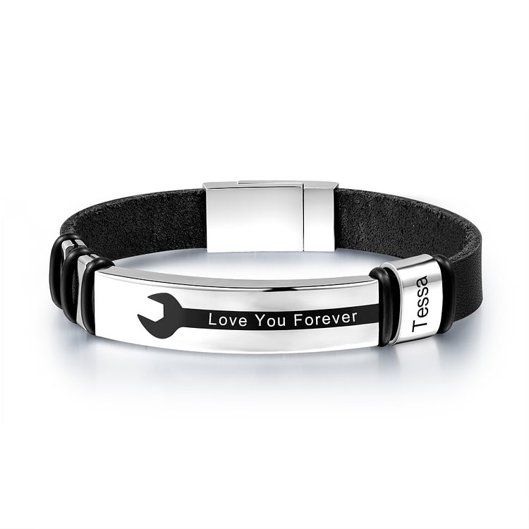 Custom Mens Engraved Name Message Bar Leather Bracelet