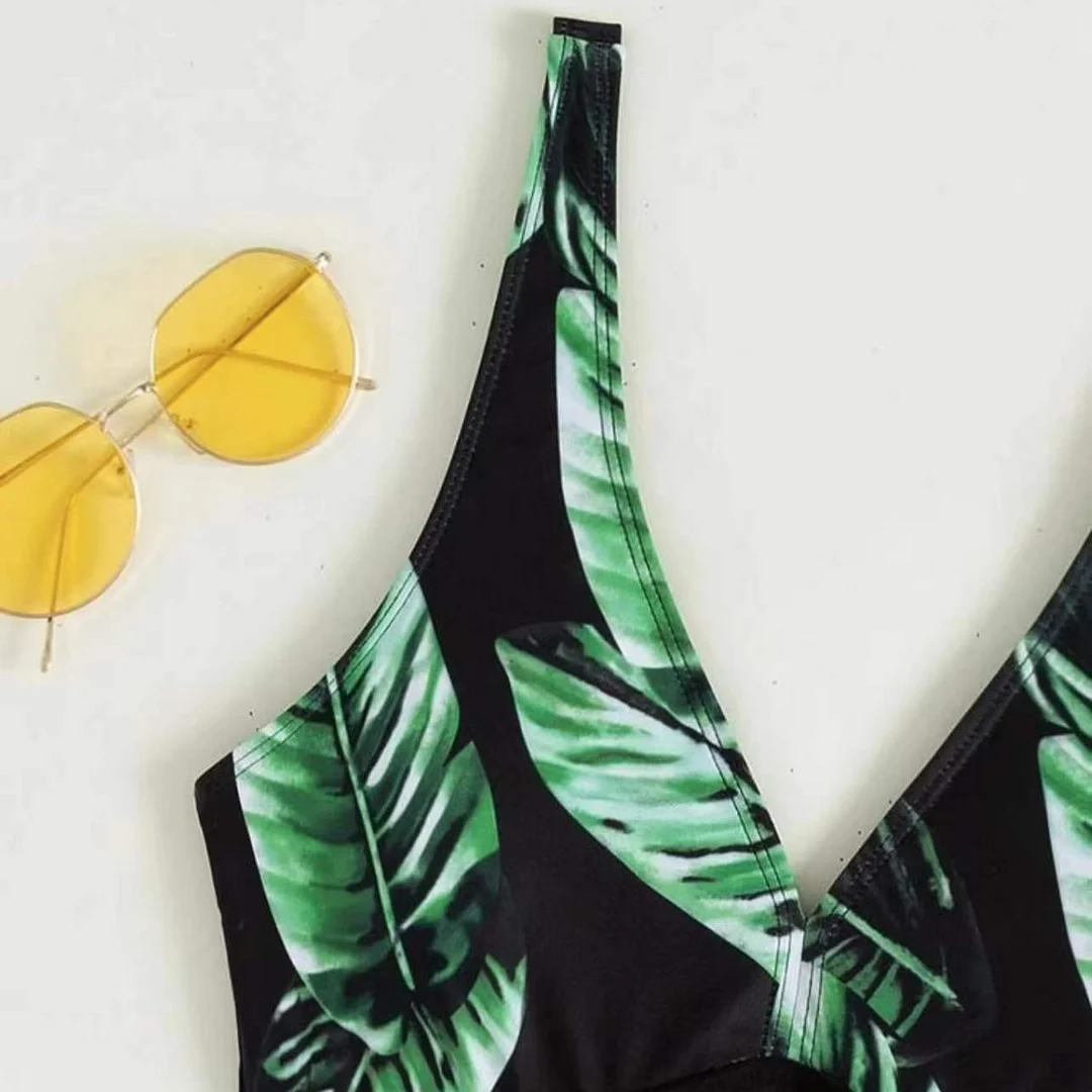 Uveng 2022 New Leaf Print Flat-Angleed Panties Jumpsuit