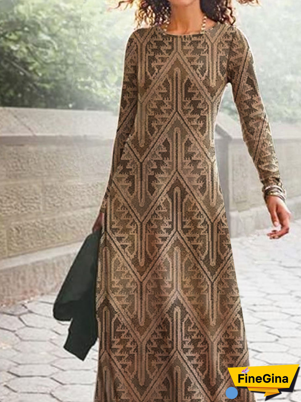 Geometric Printed Long Sleeve Crew Neck Plus Size Casual Dresses